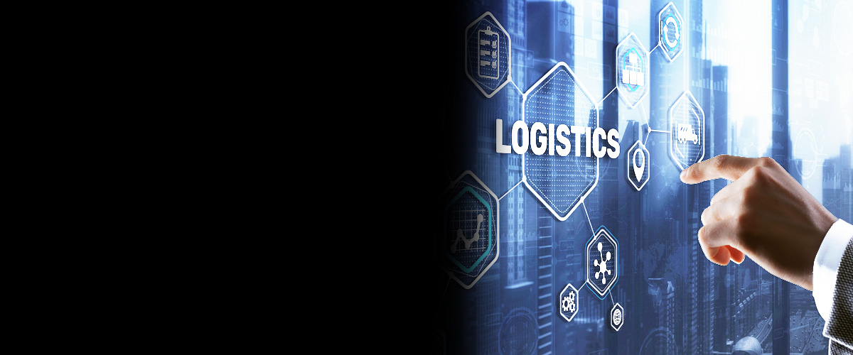 man's finger pointing at blue hologram LOGISTICS board